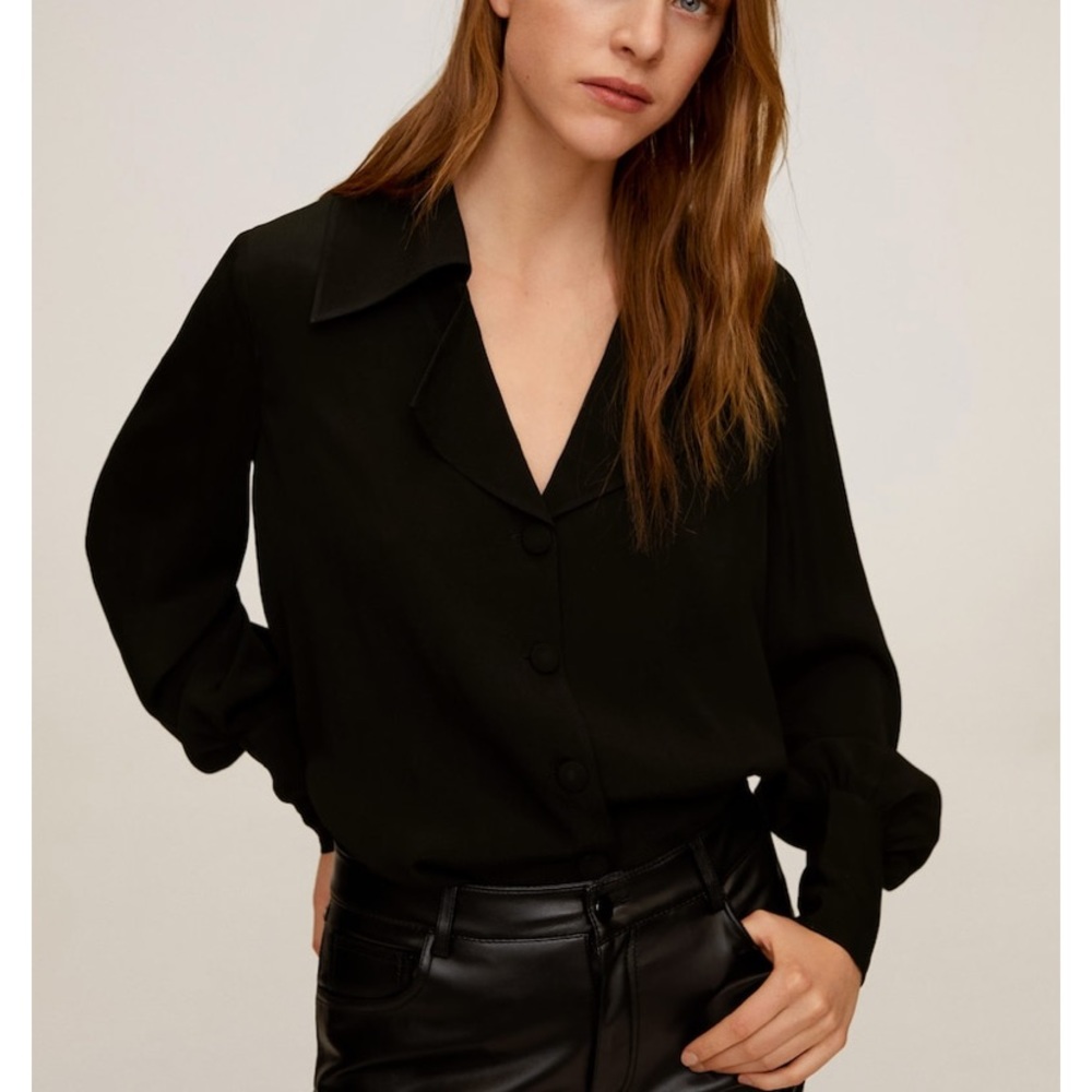 NWT Mango - Wide Lapel Blouse - Black - Size 4